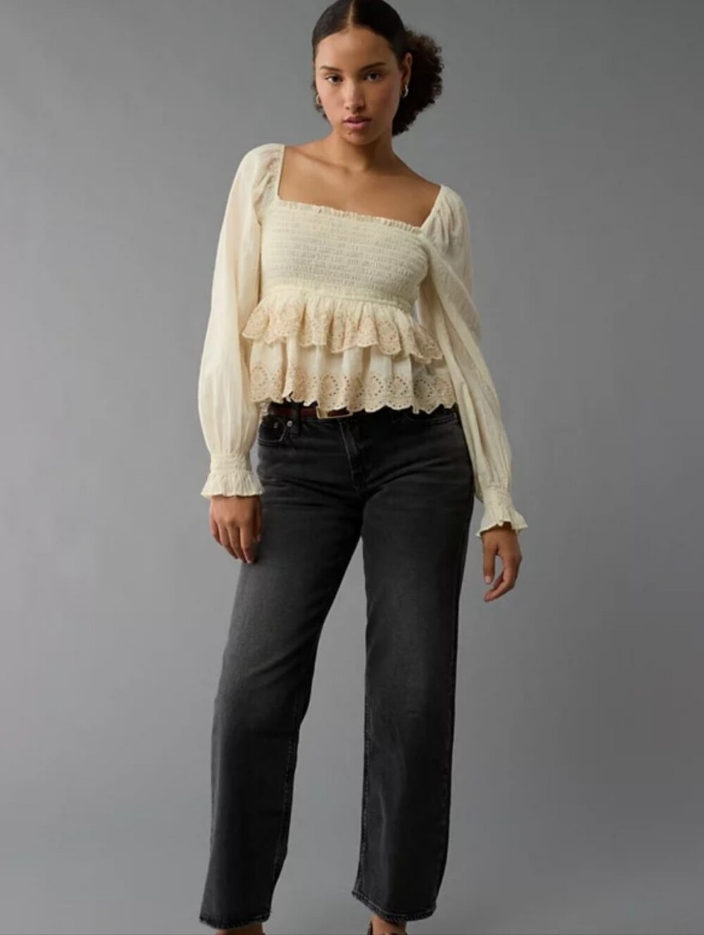 American Eagle Cream Embroidered Smocked Peplum Blouse Cottagecore Boho